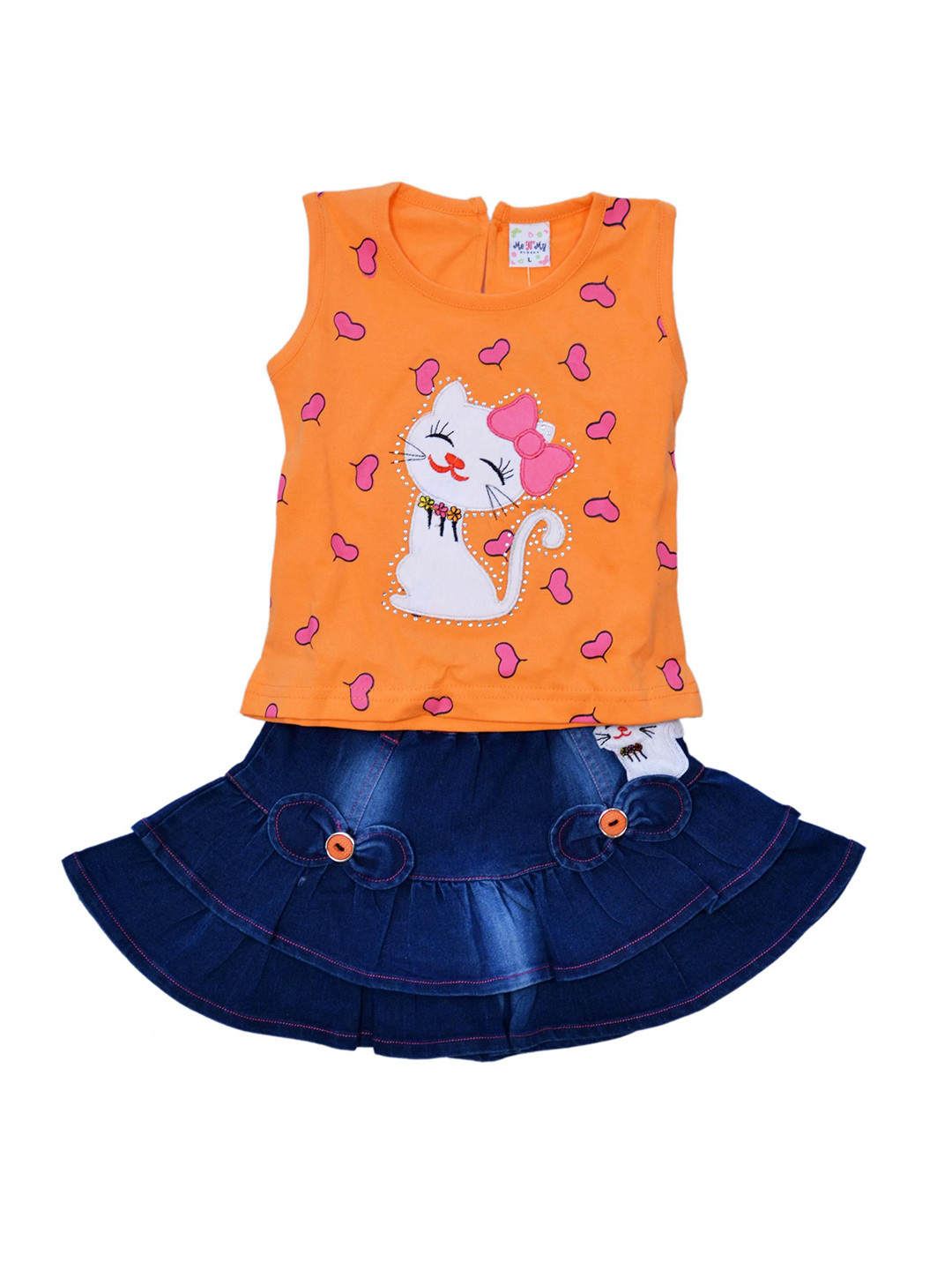 ME N MY Girls Graphic Print Round Neck Top And Skirt Set