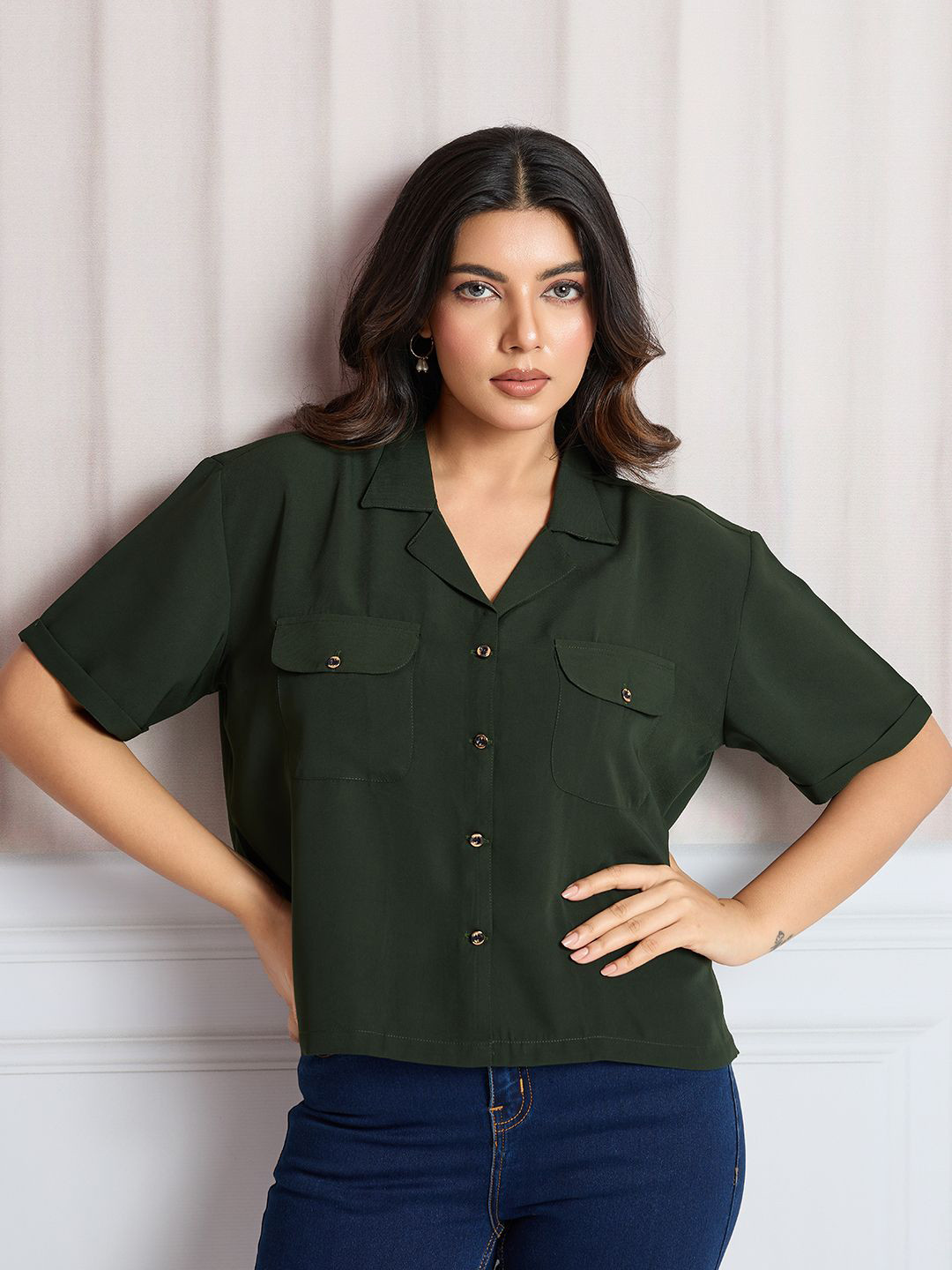 TATER GARMENTS Women Standard Fit Solid Cuban Collar Casual Shirt