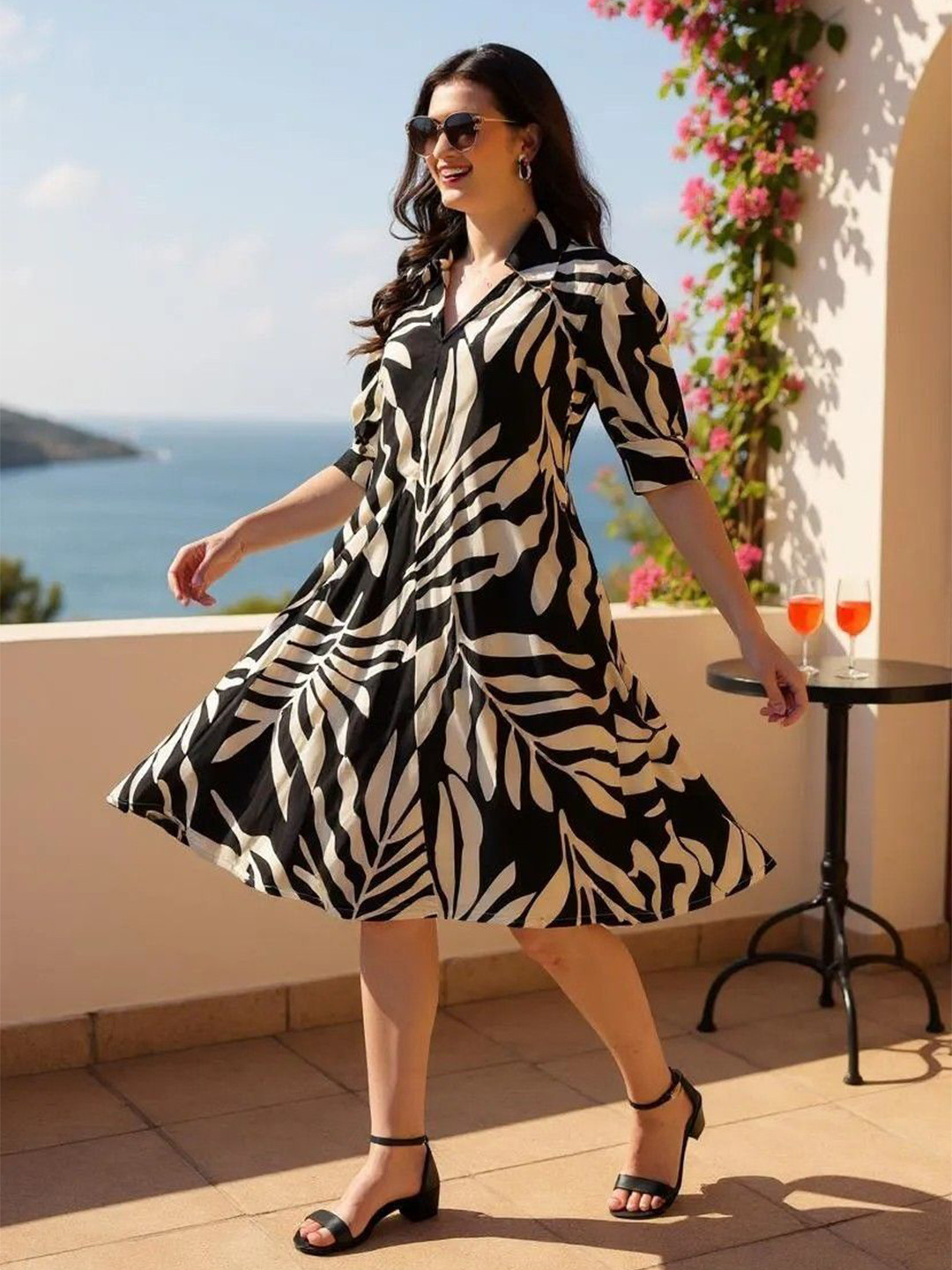 Hive91 Printed Puff Sleeve Shirt Coller Fit And Flare Dress