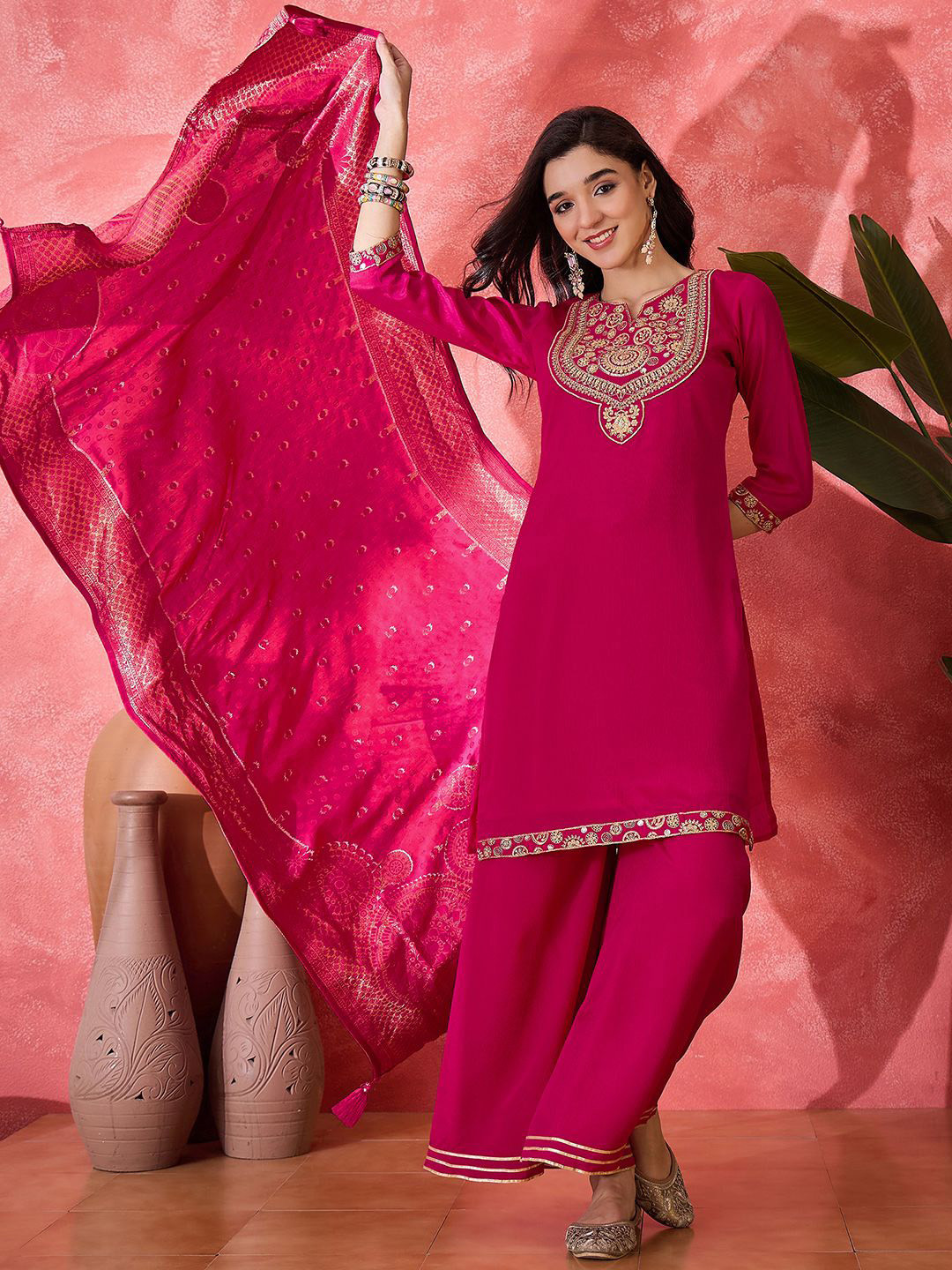 Sangria Sequinnd Woven Design Straight Kurta & Palazzo With Dupatta