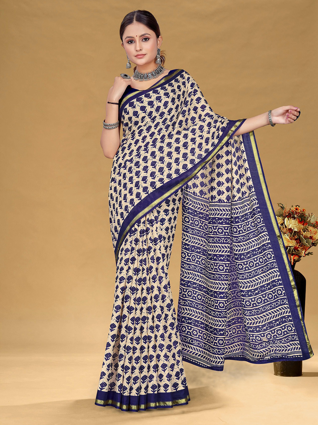 Pandadi Saree Ethnic Motifs Print Zari Bagru Sarees