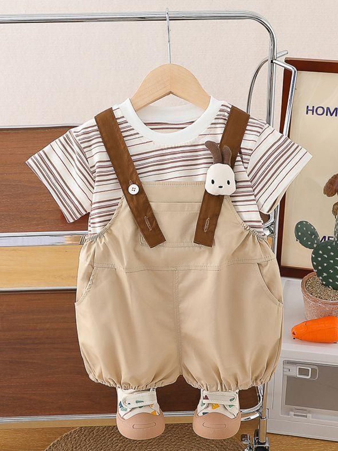 POP STREET KIDS Girls Dungarees With Striped T-Shirt
