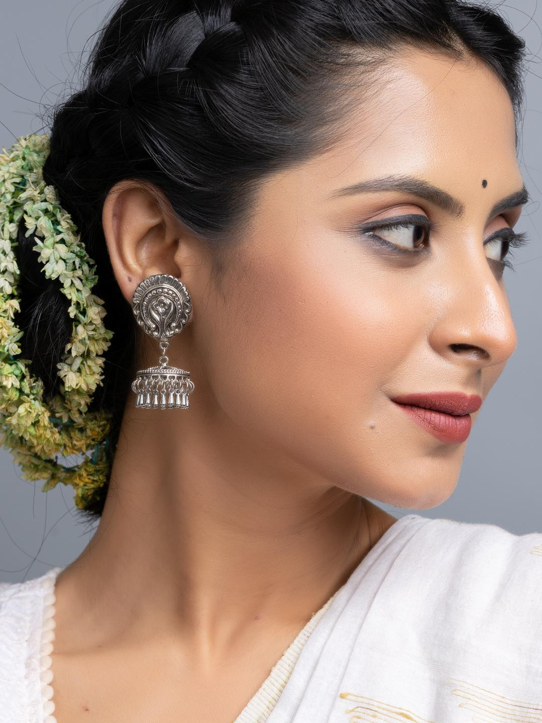 Look and Adorn German Silver Stud Jhumka Earrings
