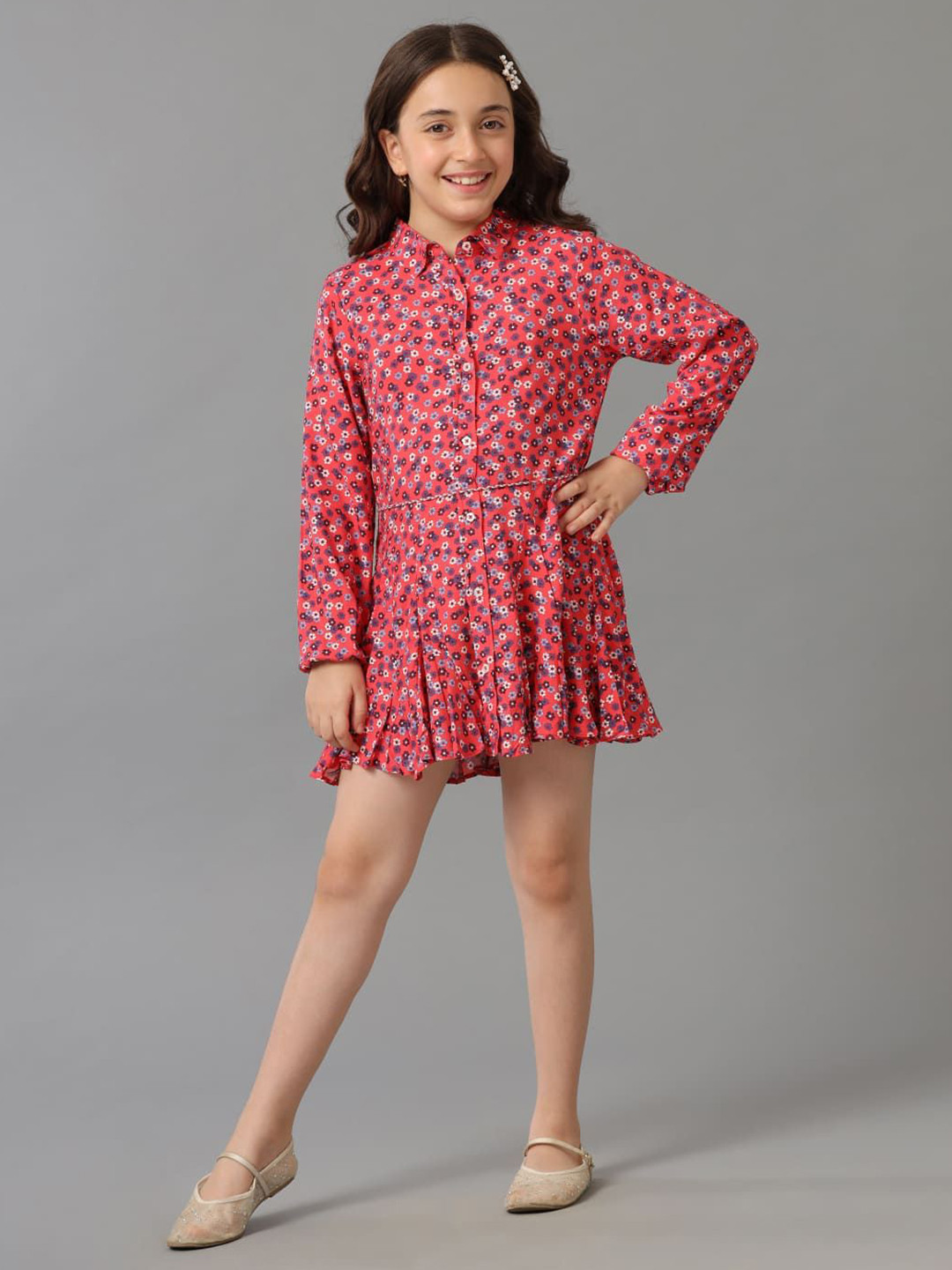 UNDER FOURTEEN ONLY Girls Floral Print Shirt Collar A-Line Dress