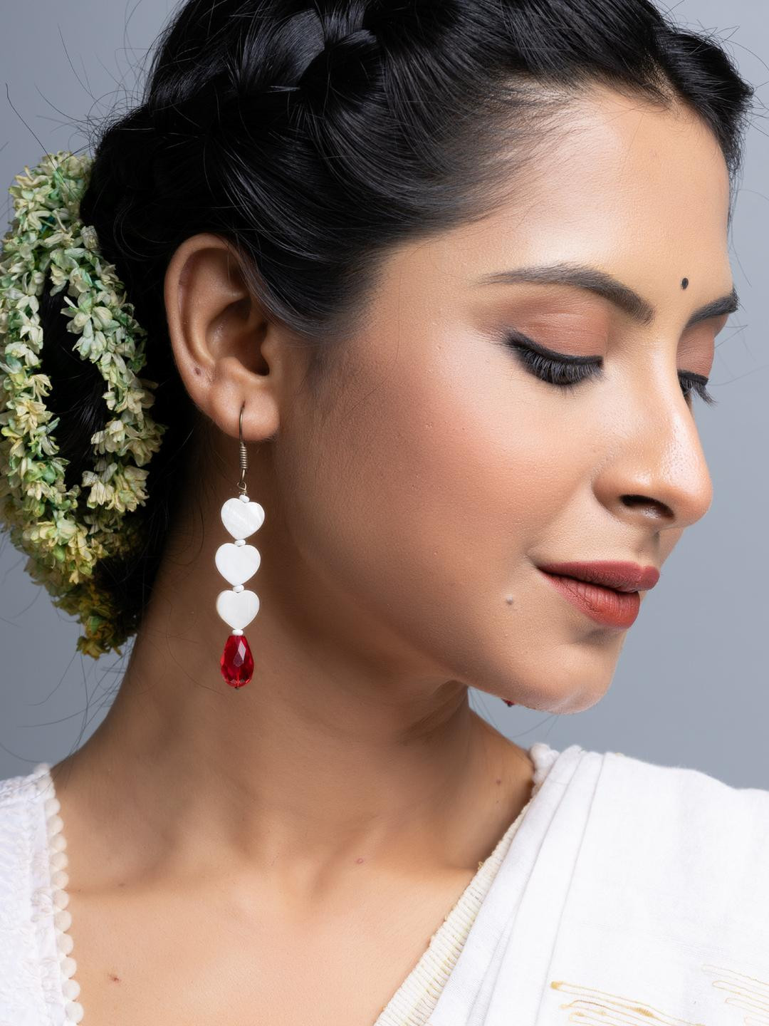 Look and Adorn Mother of Pearl Heart Red Crystal Drop Earrings