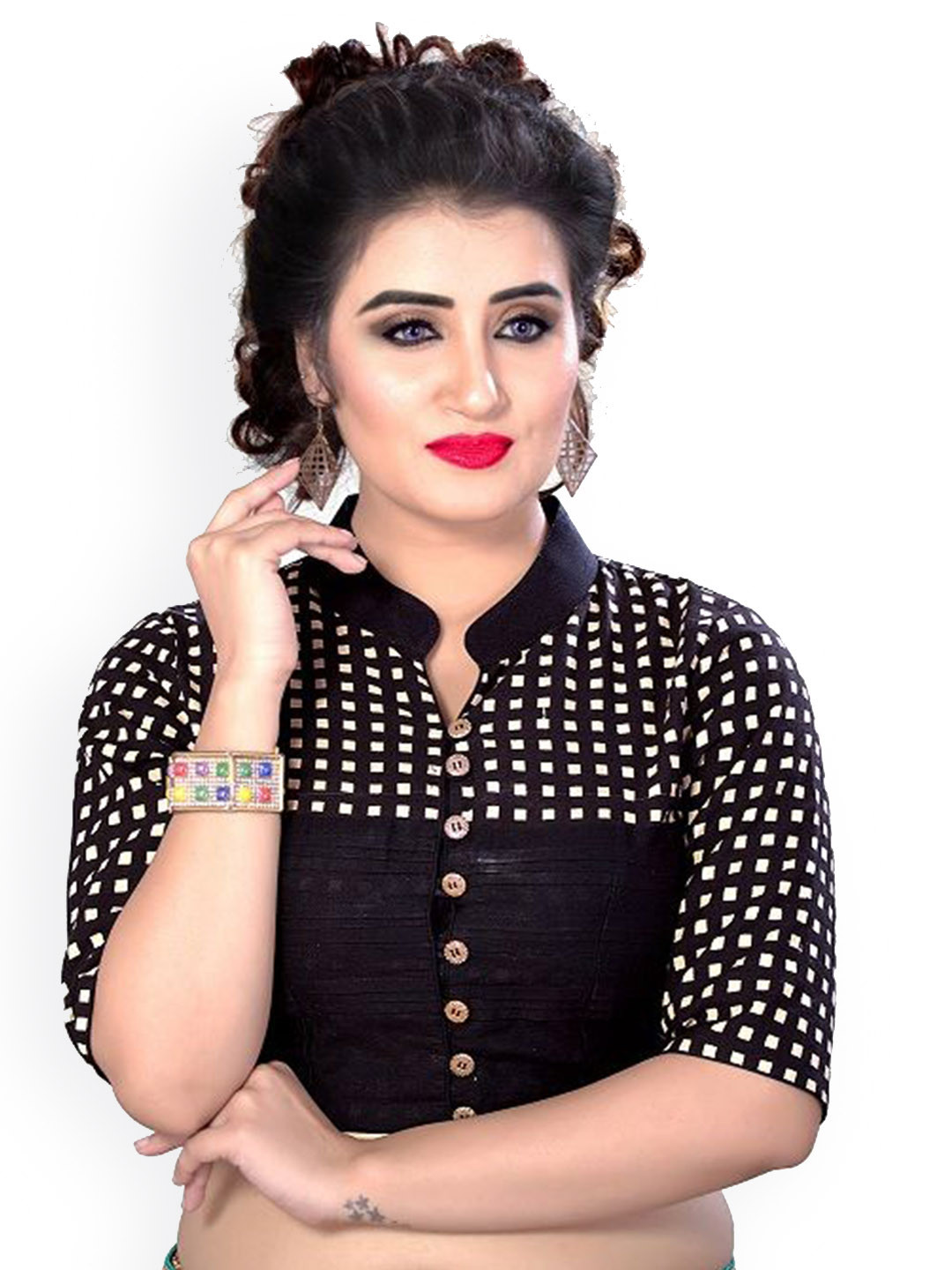 KING SALES Printed Mandarin Collar Readymade SareeBlouse