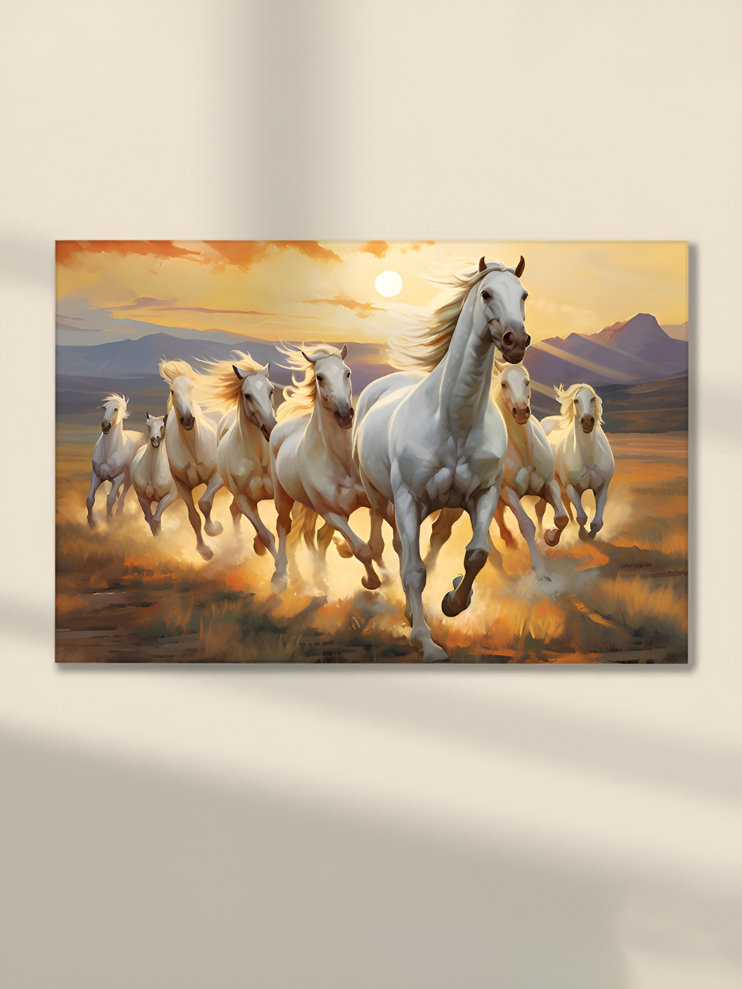 Myntra Elegant Homes White & Brown Landscape 7 Running Horses Printed Canvas Wall Art