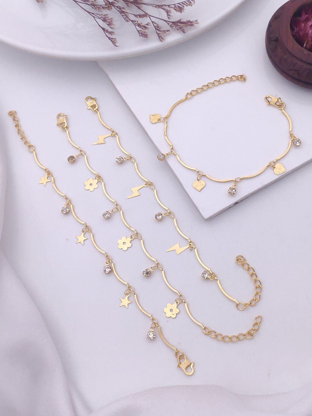 VEMISHTI Set Of 4 Gold-Plated Cubic Zirconia Studded Charm Bracelet