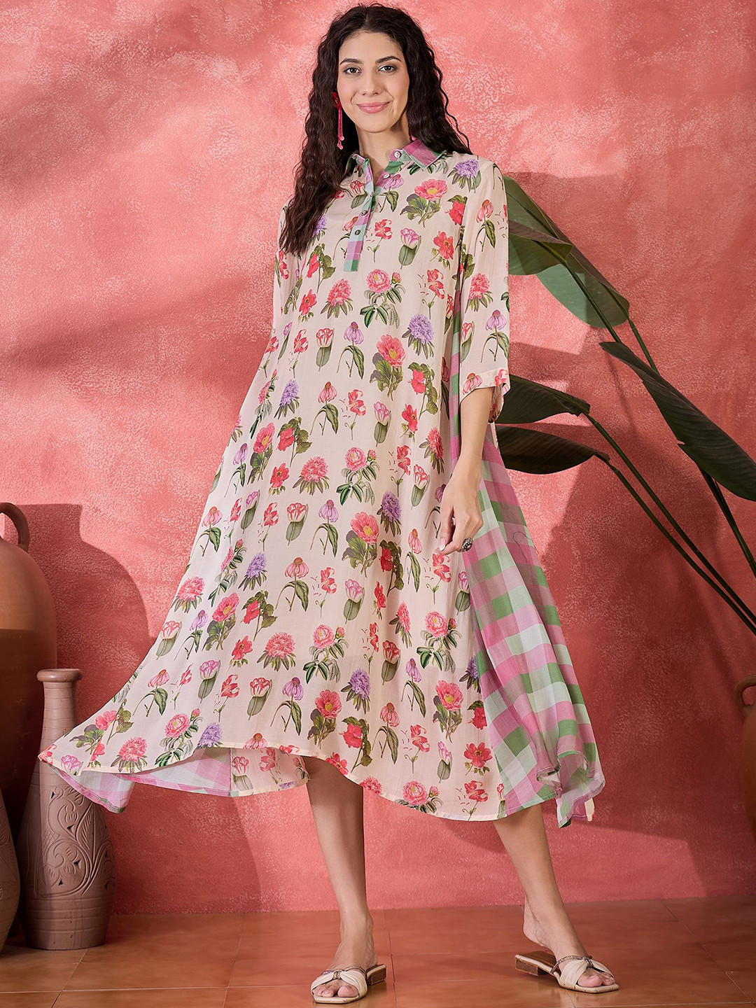 RangDeep Floral Printed Cotton A-Line Midi Dress With Inner Slip