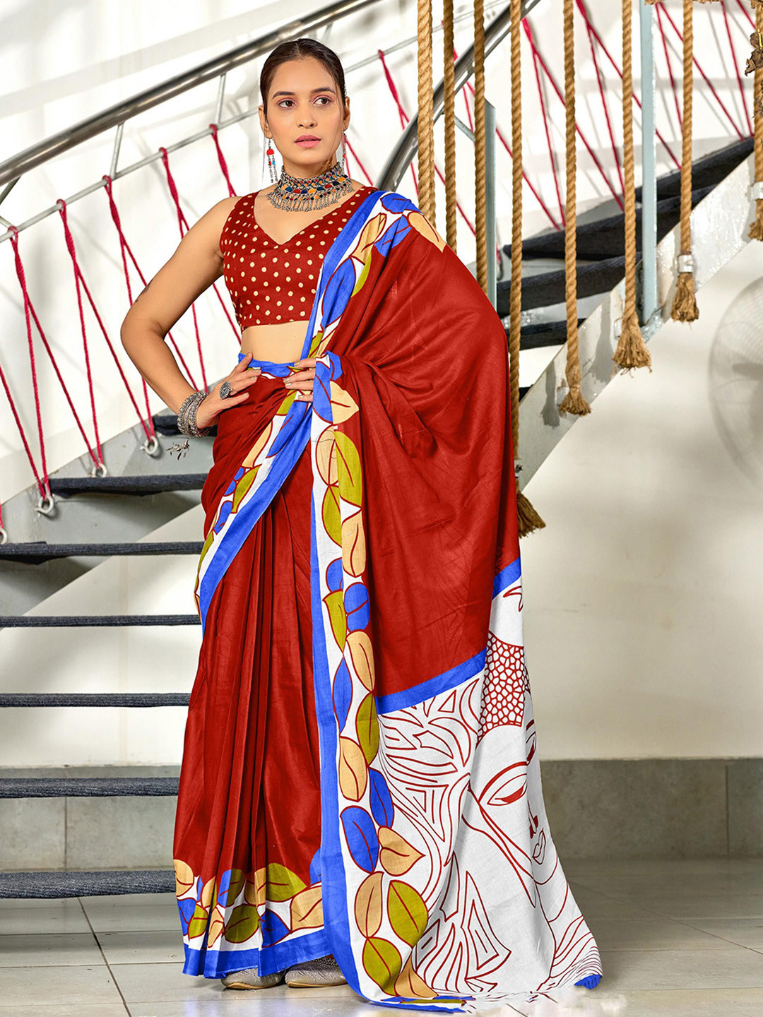 Pandadi Saree Geometric Print Cotton Blend Sarees