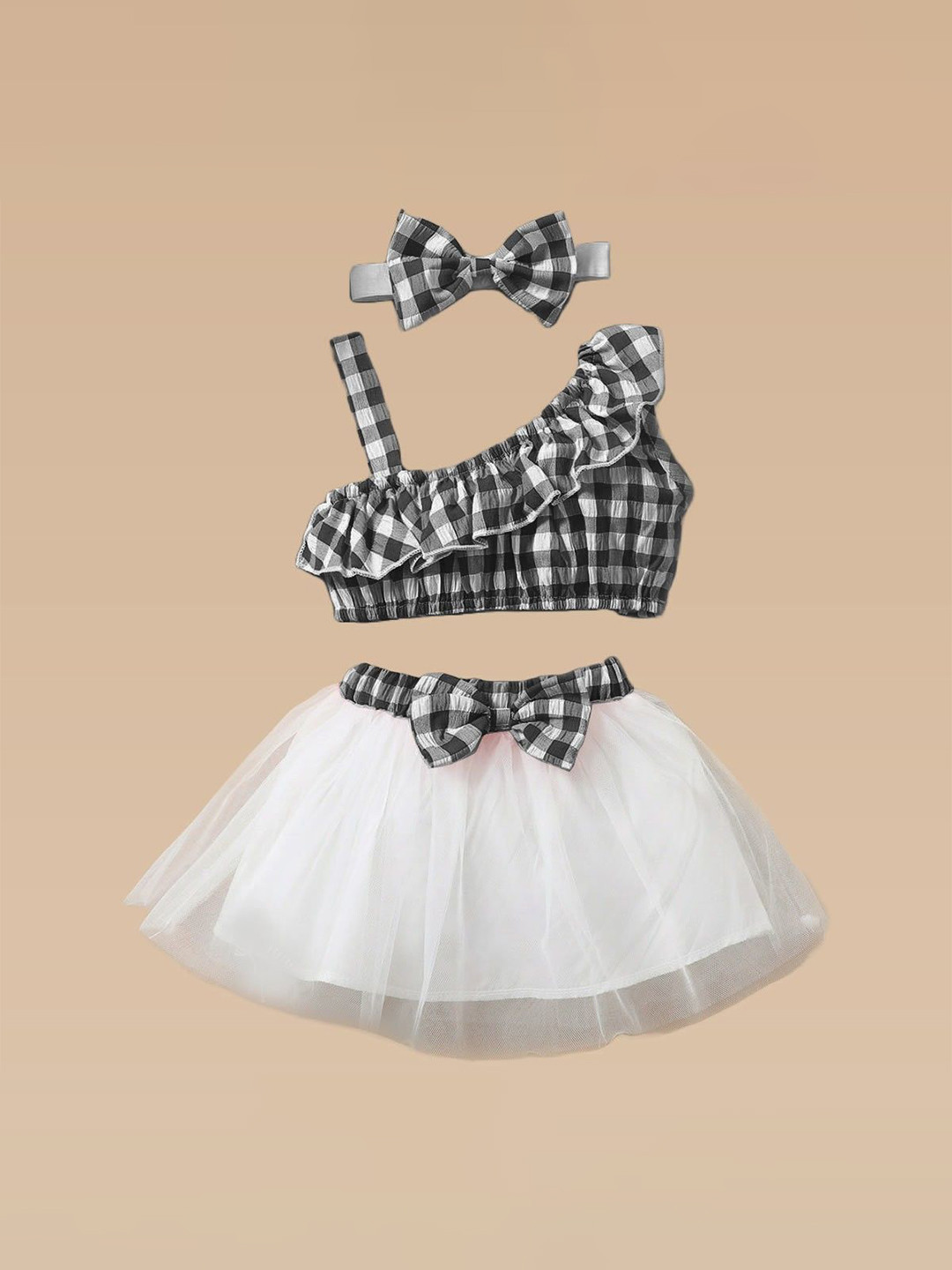 Netra Creation Girls Checked Top And Skirt Set With Head Band