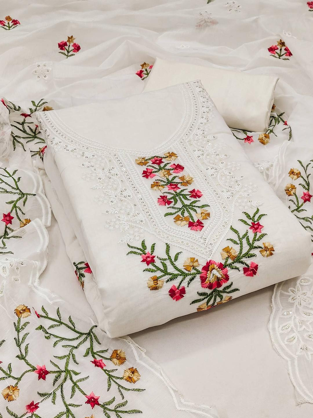 Womens White Floral Sequins Embroidered Unstitched Chanderi Cotton Dress Material