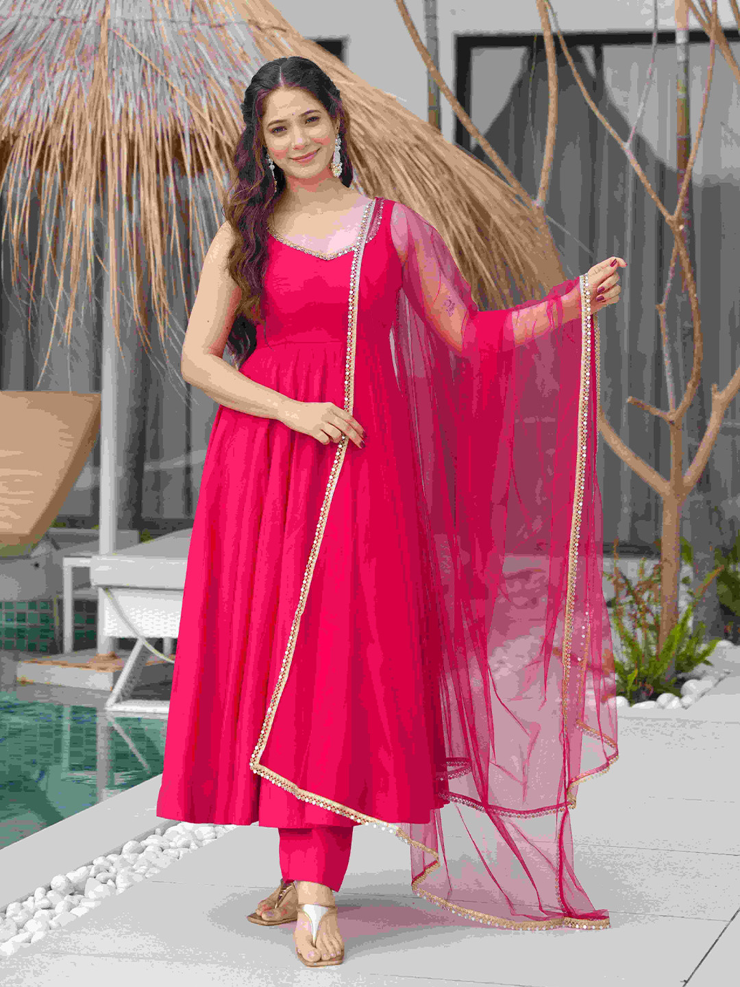 LABELKBBRAND Yoke Design Beads and Stones Anarkali Kurta with Trousers & Dupatta