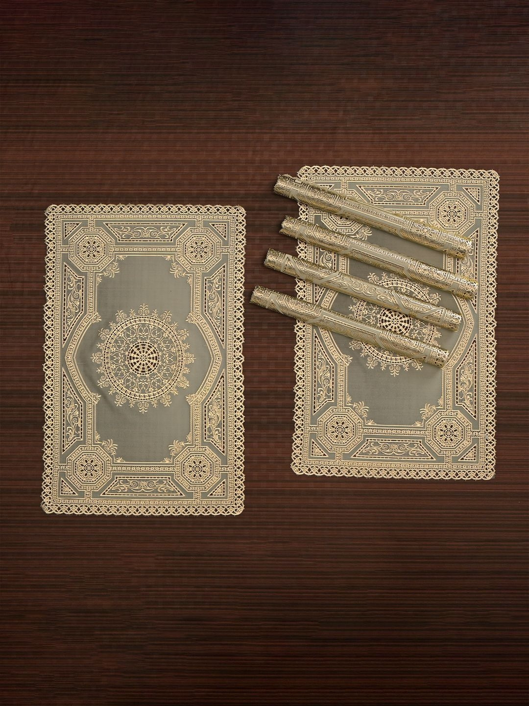Aura Beige 6 Pieces Woven-Designed Leather Anti-Slip Rectangular Table Placemats