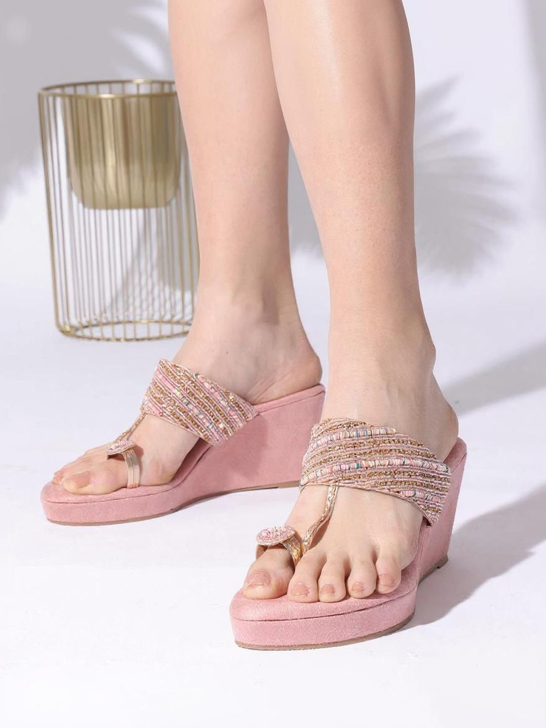 Kneetoes Women Crystal-Beaded Light Pink Wedge Heels