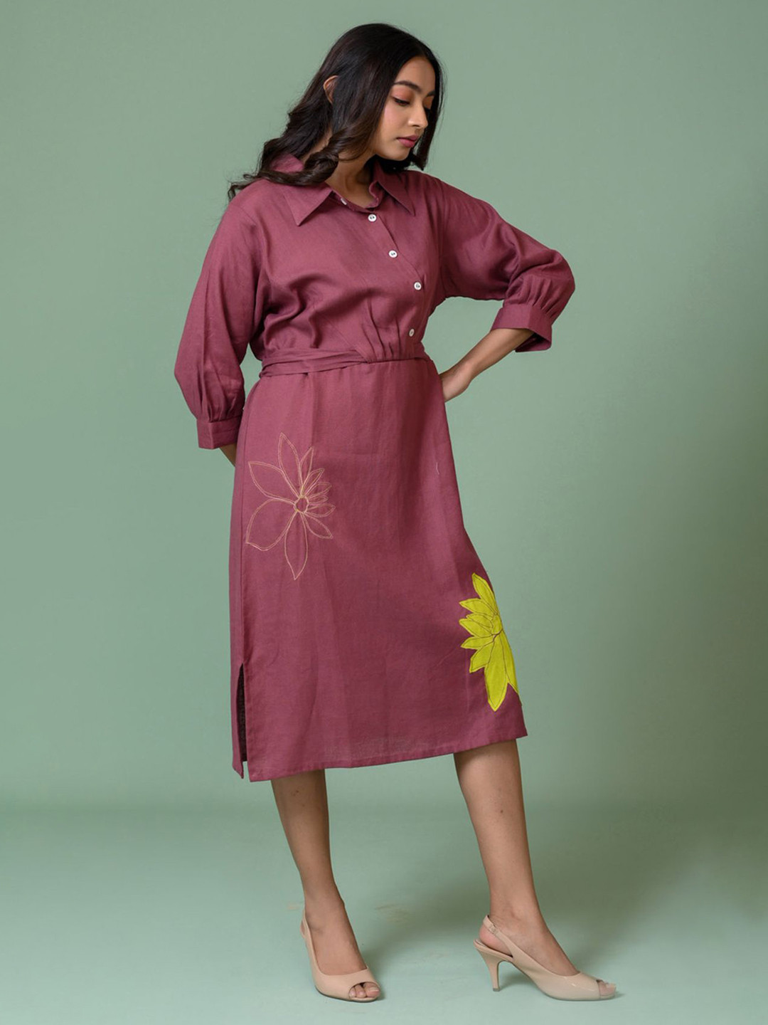 THE HOUSE OF HEMP Self Design A-Line Midi Dress