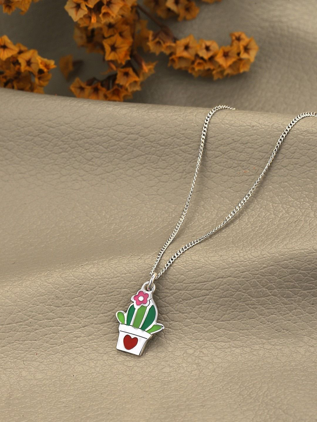 Carlton London 925 Sterling Silver Rhodium Plated Enamel Cactus in a Pot Necklace
