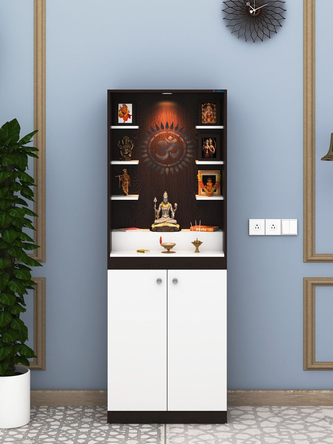 ANIKAA White & Maroon Wooden Floor Standing Mandir