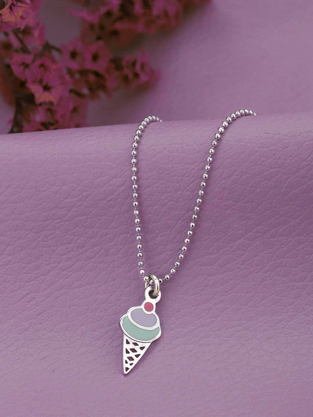 Carlton London 925 Sterling Silver Rhodium Plated with Enamel Ice Cream Cone Necklace