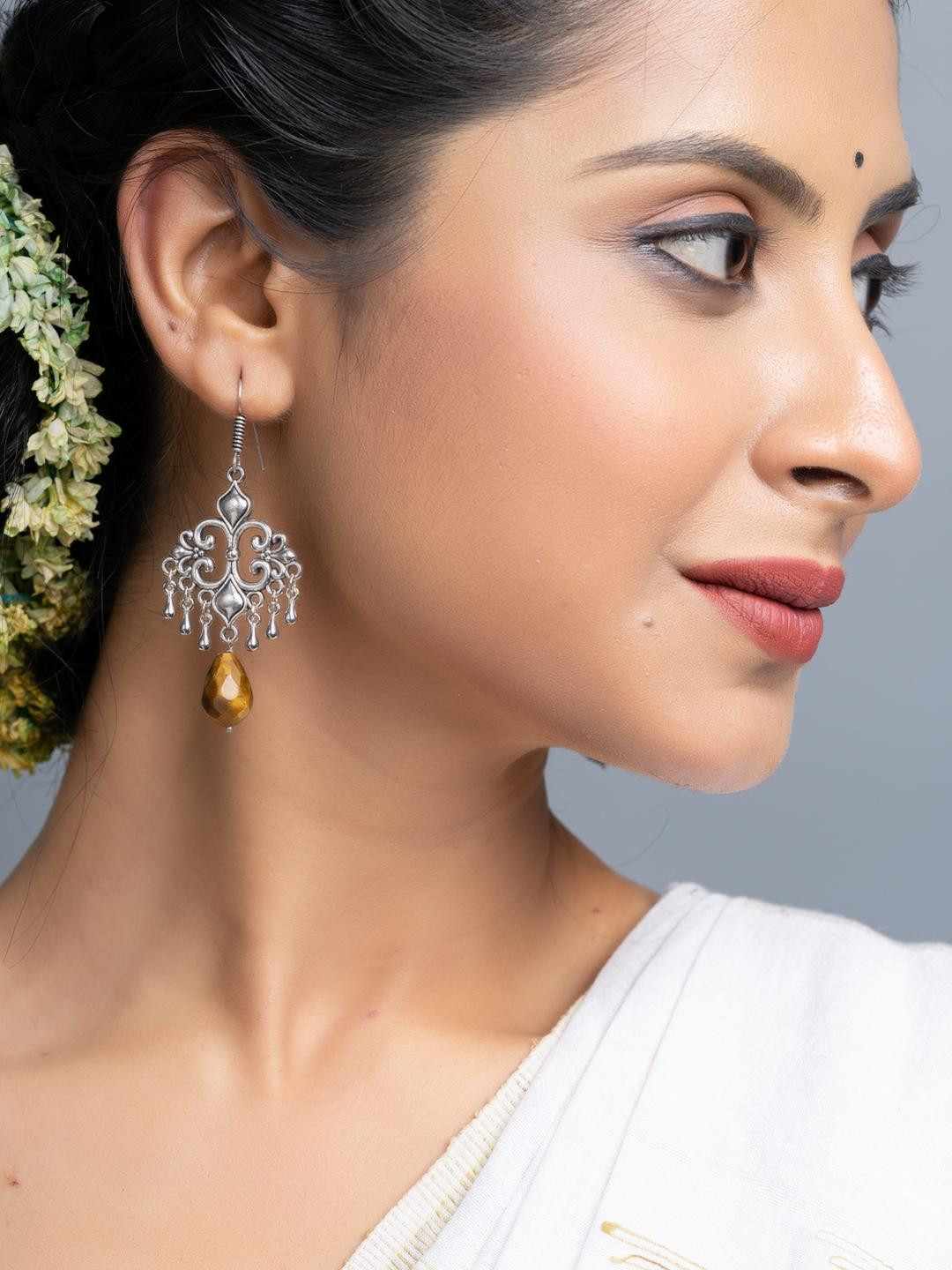 Look and Adorn Tiger Eye German Silver Dangler Earrings