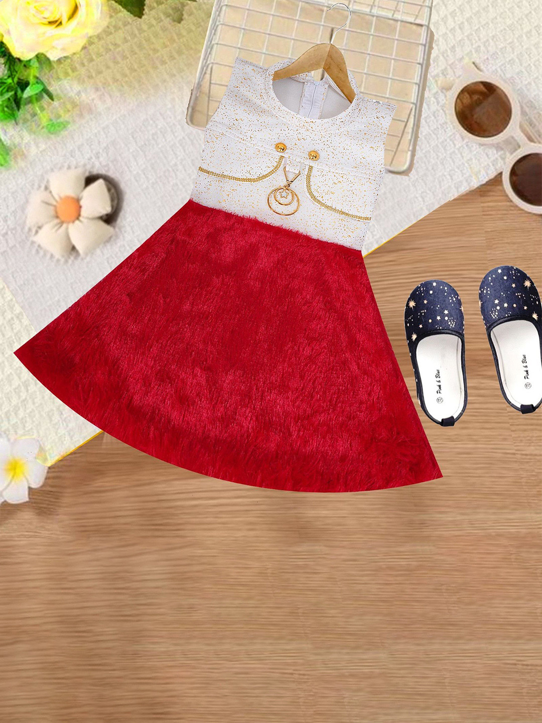 Netra Creation Girls Self Design Embellished Fit & Flare Midi Dress