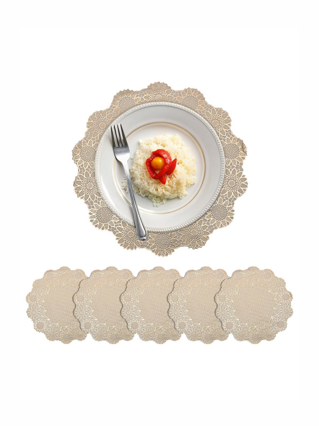 Aura 6Pcs Beige Sunflower-Patterned Leather Round Table Placemats
