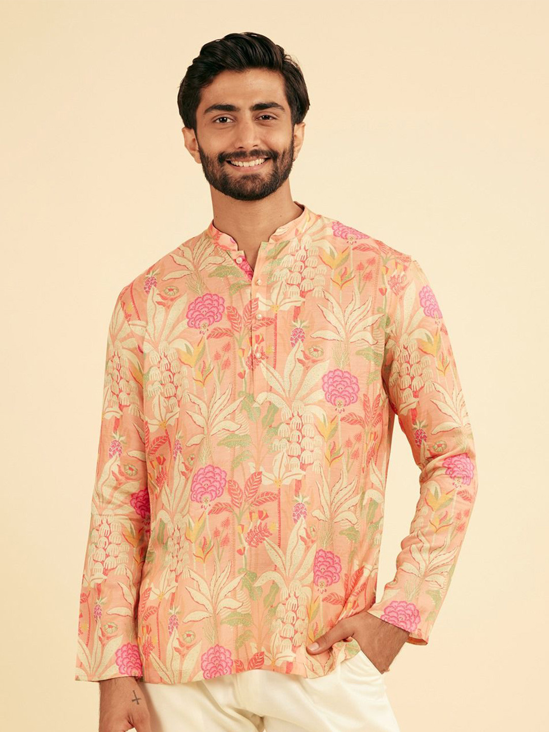 Manyavar Elegance Floral Printed Mandarin Collar Satin Straight Short Kurta