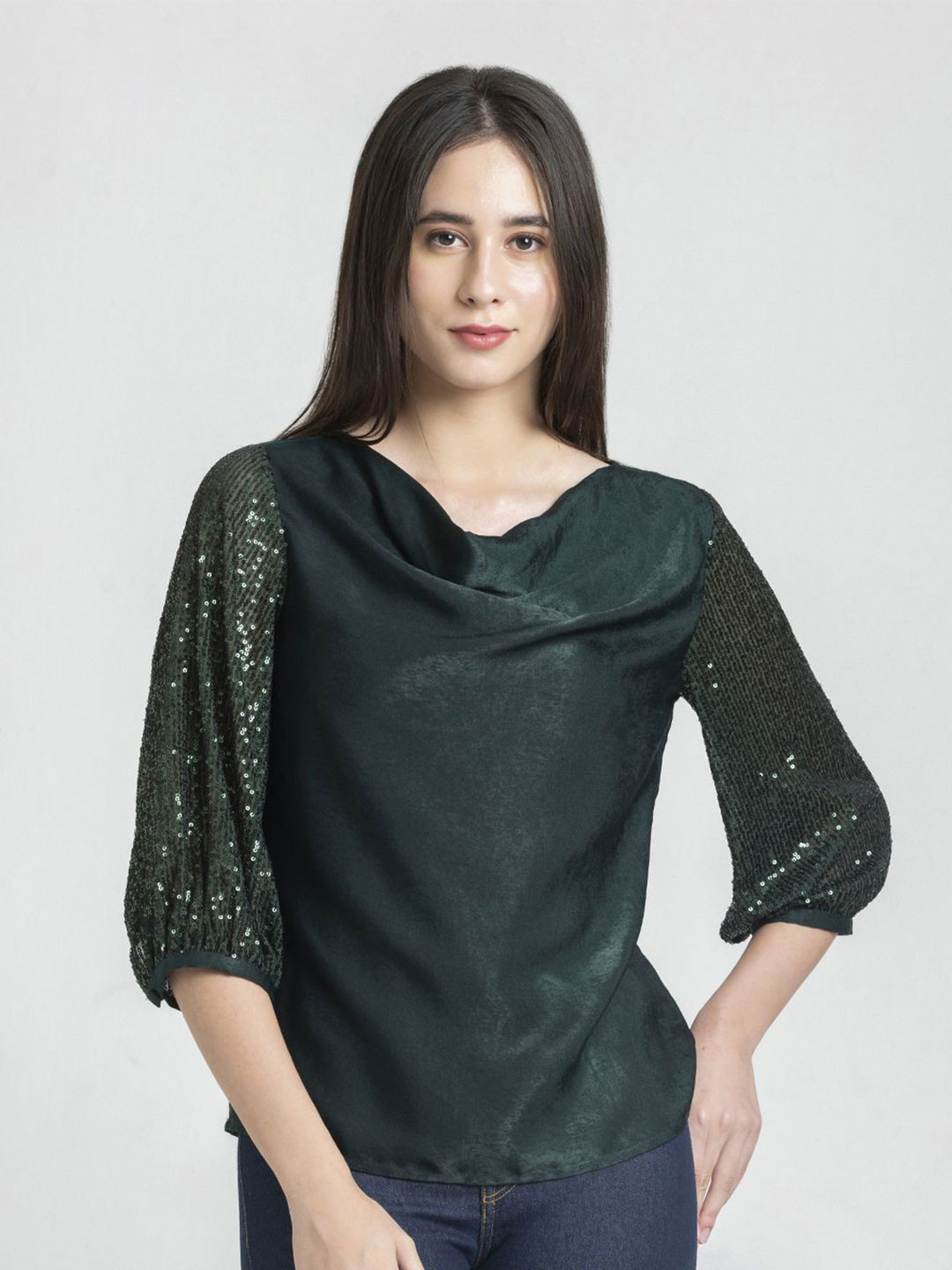 SHAYE Women Embellished Cowl Neck Satin Blouson Top