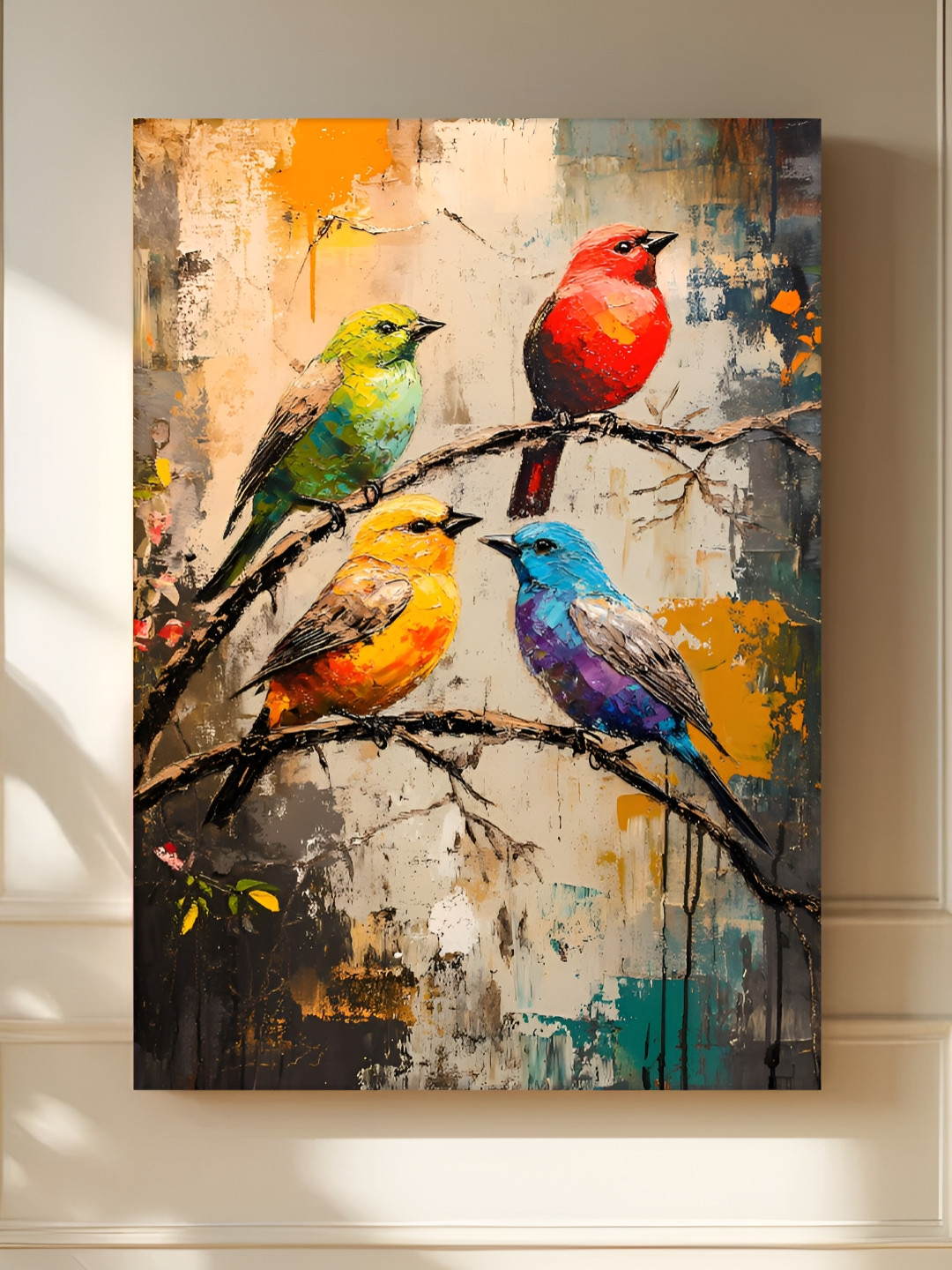 Myntra Elegant Homes Grey & Yellow 4 Birds Printed Canvas Wall Art