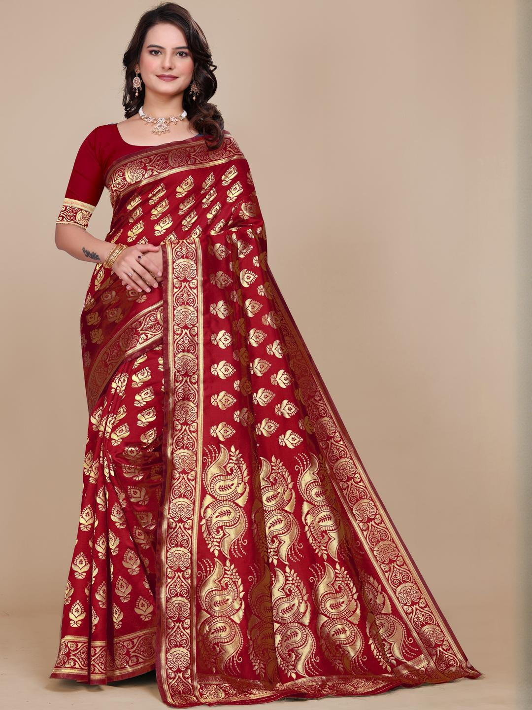 VS MALL Maroon Bollywood Jacquard Silk Premium Saree