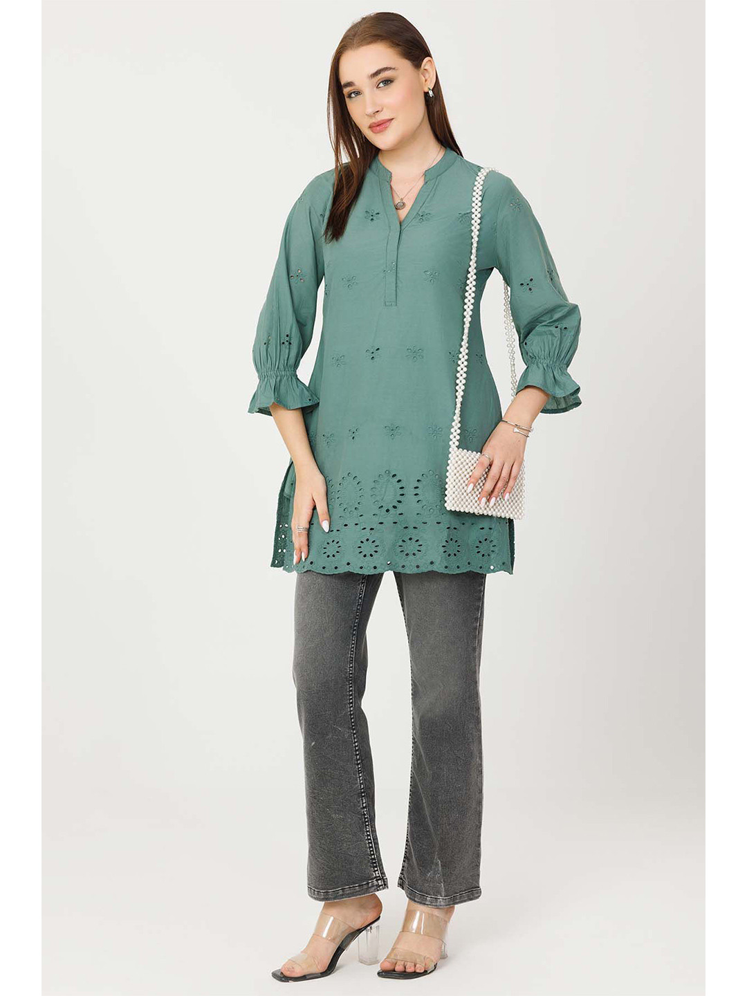 Mustard Mandarin Collar Embroidered Bell Sleeves Kurti