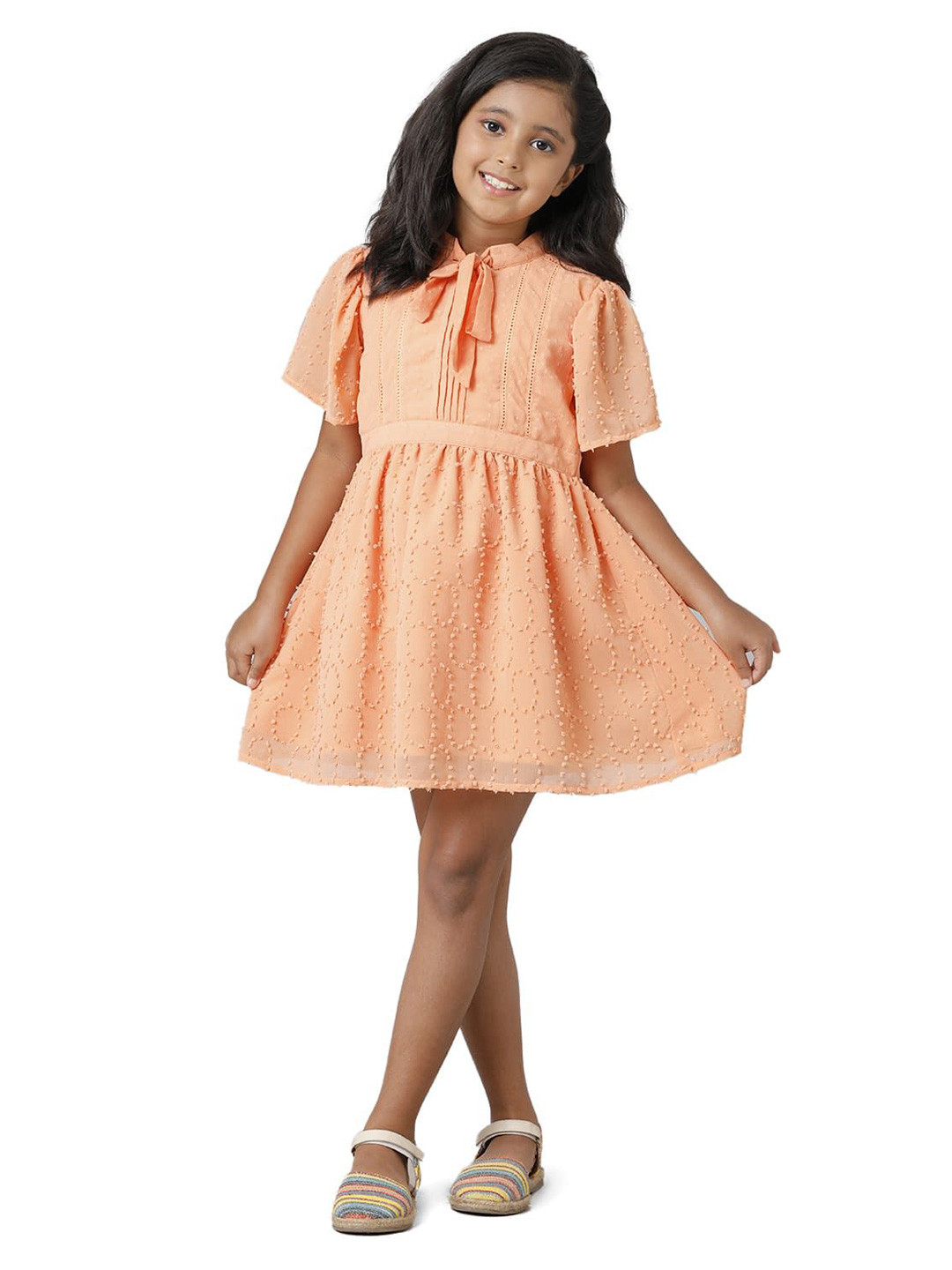 UNDER FOURTEEN ONLY Girls Self Design Tie-Up Neck Fit and Flare Above Knee Dress