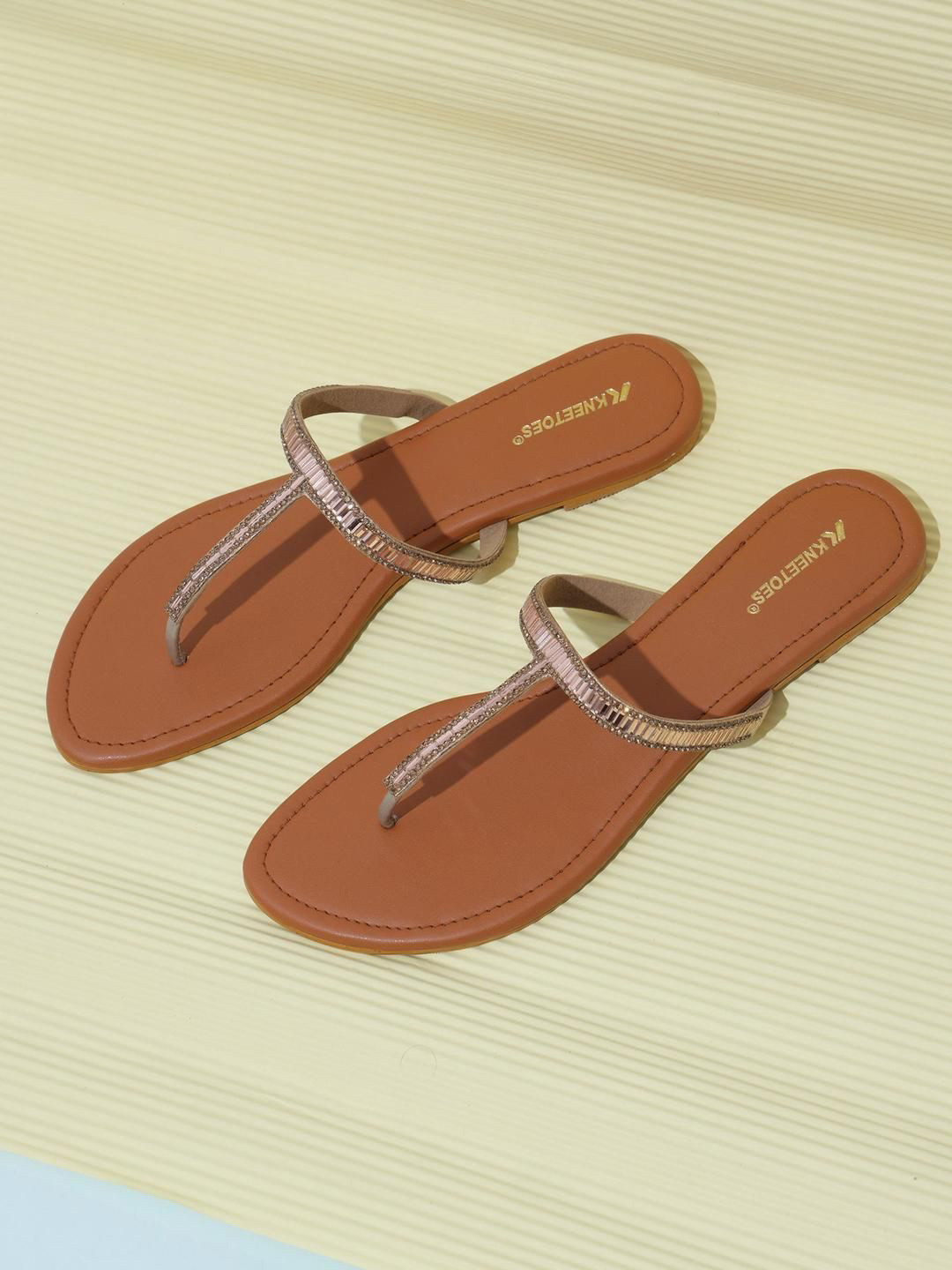 Kneetoes Women Gemglow Rose Gold Embellished T-Strap Sandals