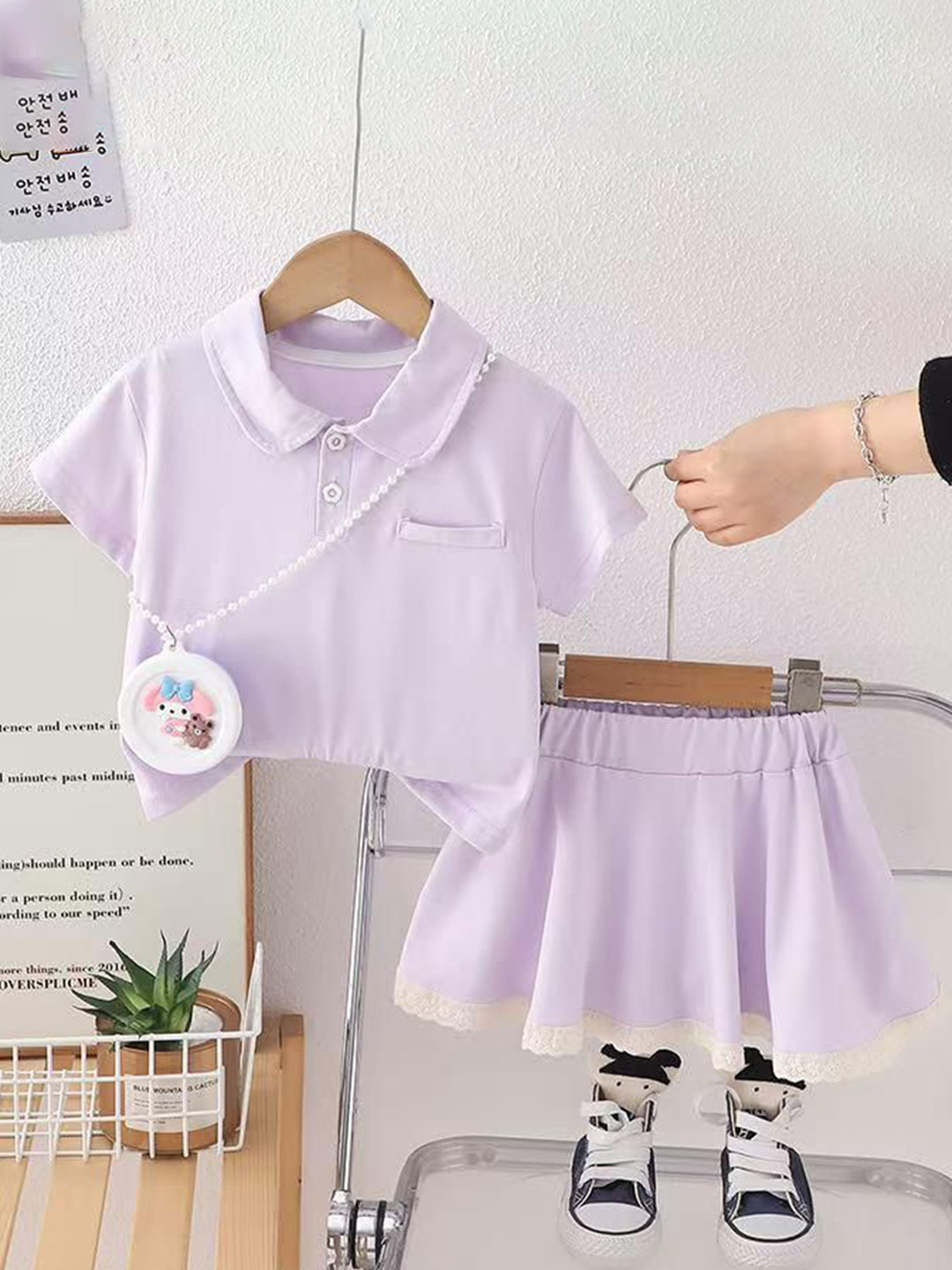 POP STREET KIDS Girls Polo Collar T-Shirt With Skirt & Sling Bag