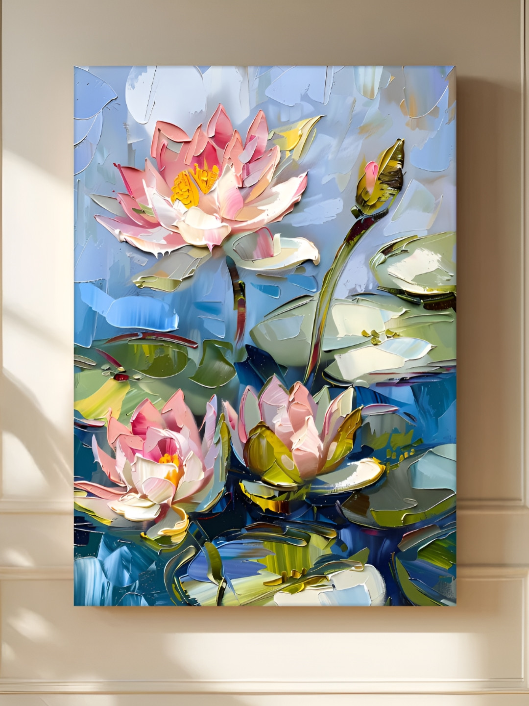 Myntra Elegant Homes Pink & Blue Lotus flower On the Pond Printed Canvas Wall Art