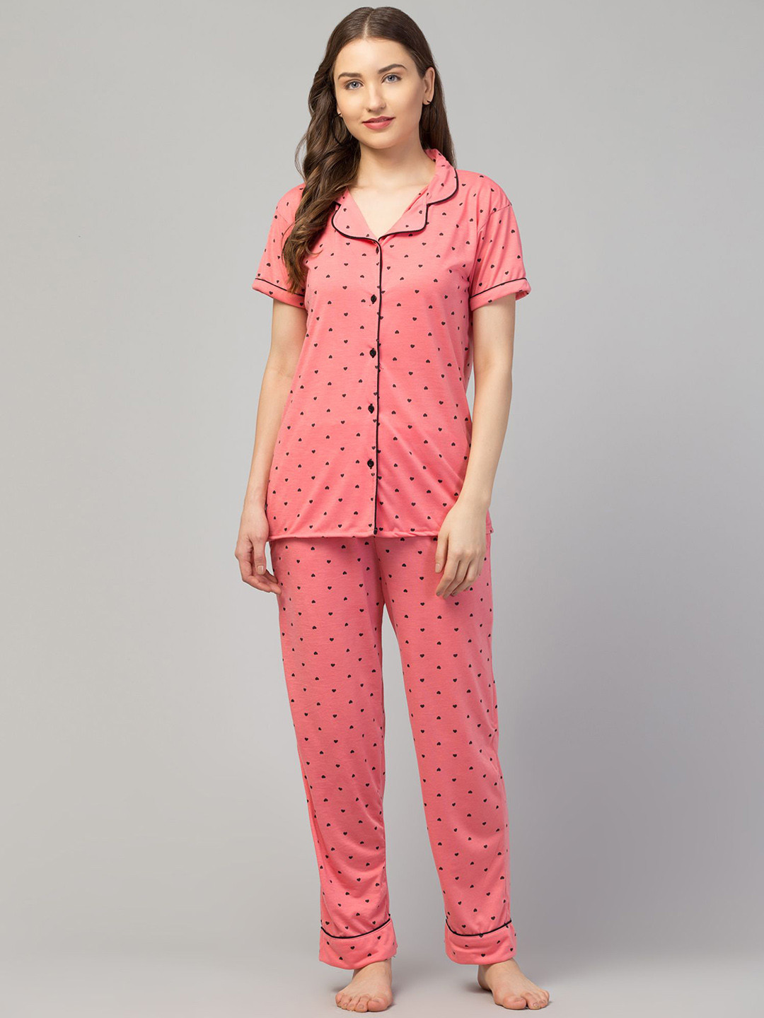 ZEROZABAR Women Lapel Collar Polka Dots Printed Shirt & Pyjamas Night suit