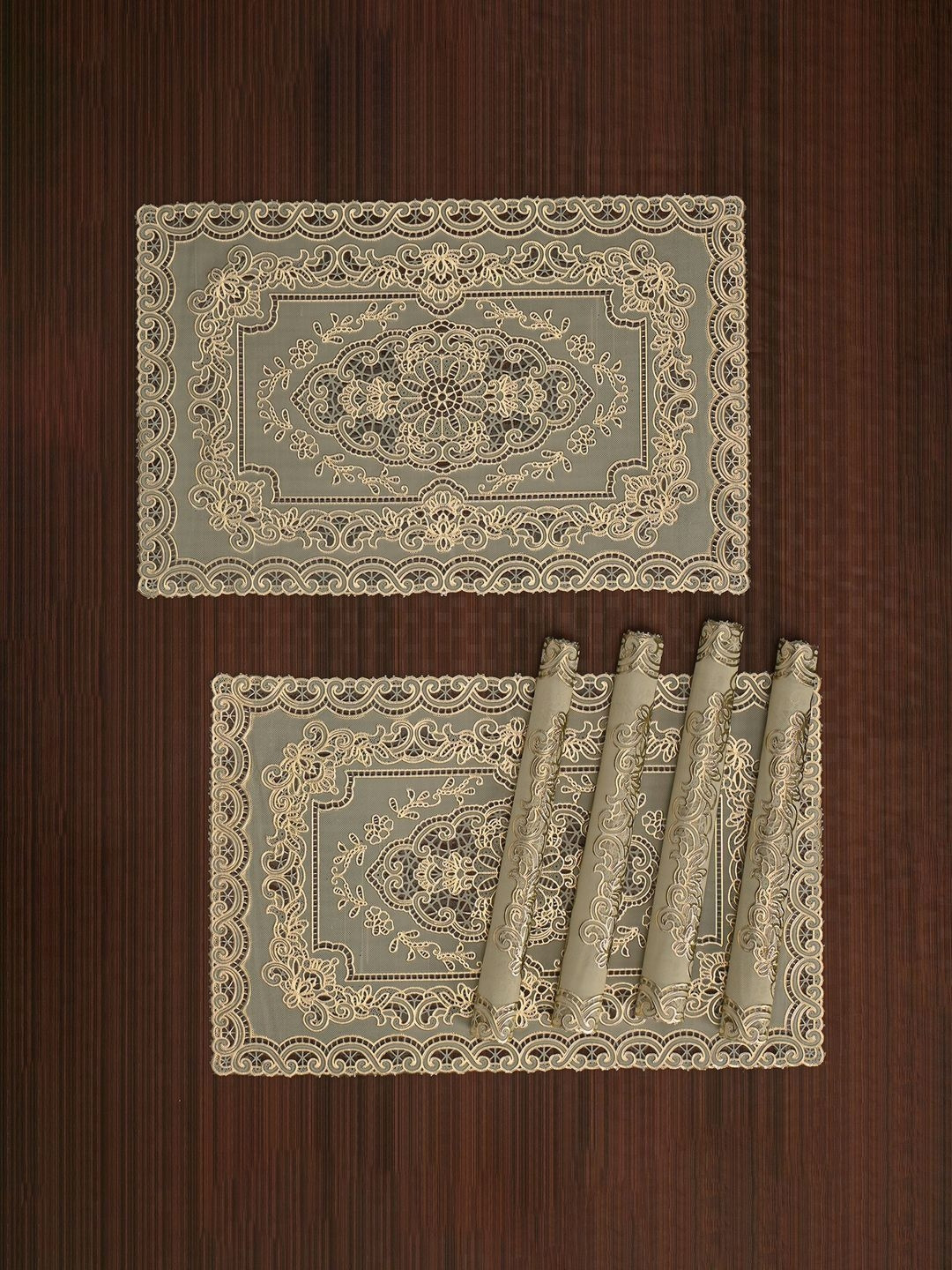 Aura 6Pcs Beige Woven-Designed Leather Anti-Slip Rectangular Table Placemats