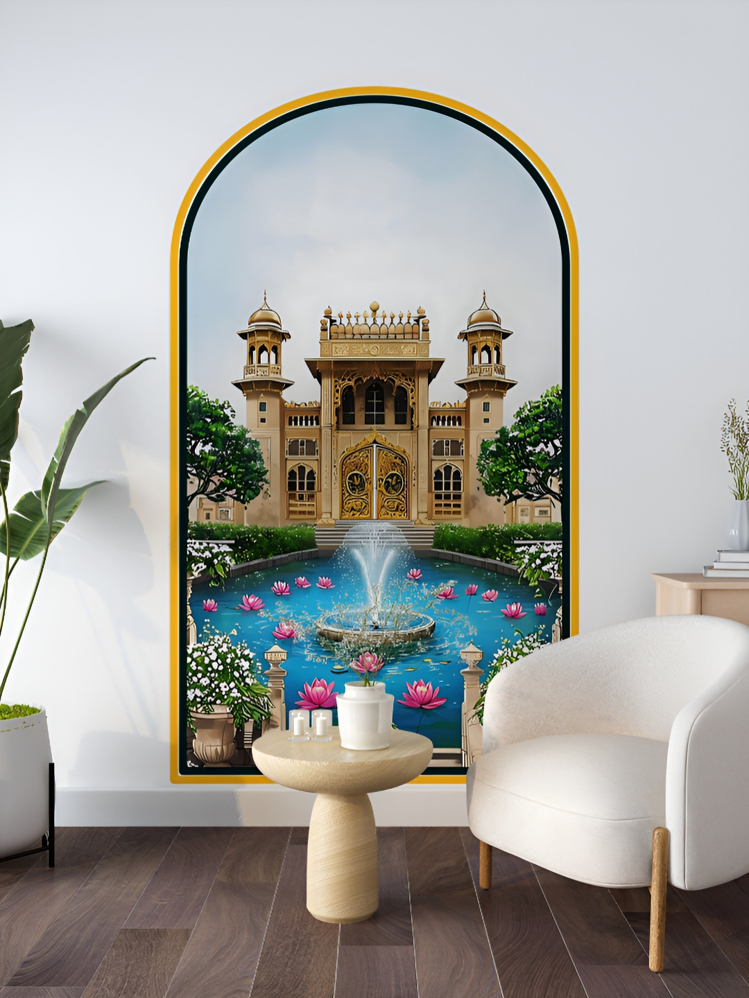 Myntra Elegant Homes Blue & Pink Indian Palace With Pond Printed Decorative Wall Paper