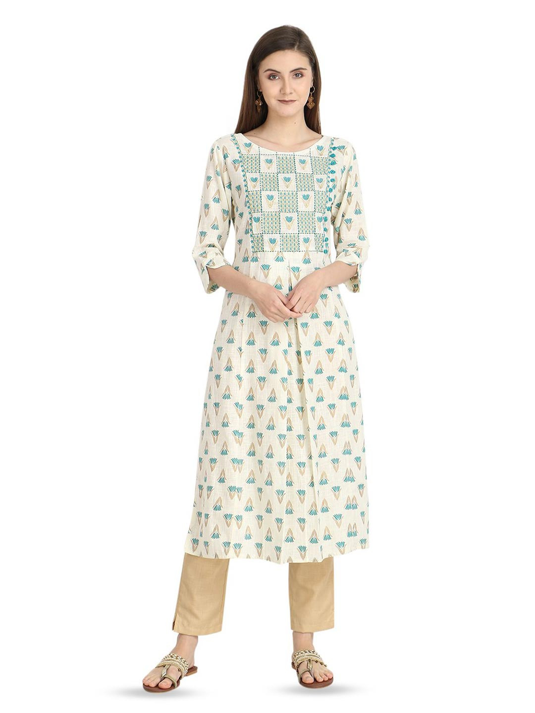 Inara Robes Floral Printed Round Neck Cotton Straight Kurta