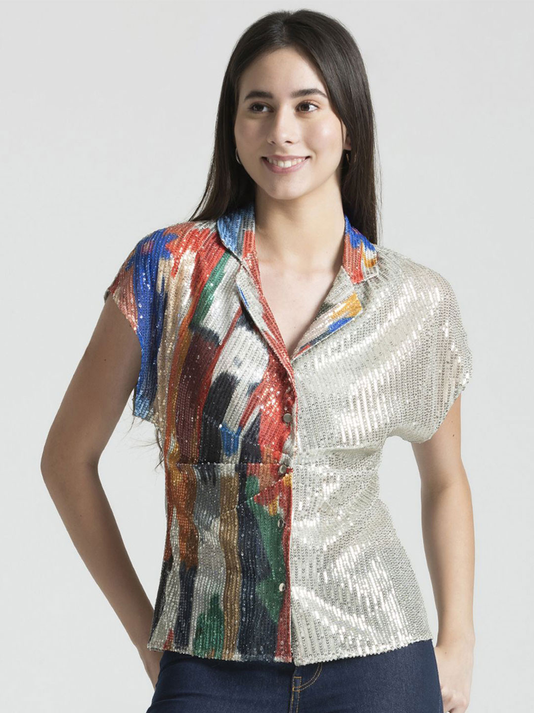 SHAYE Embellished Sequin Extended Sleeves Relaxed Fit Party Shirt