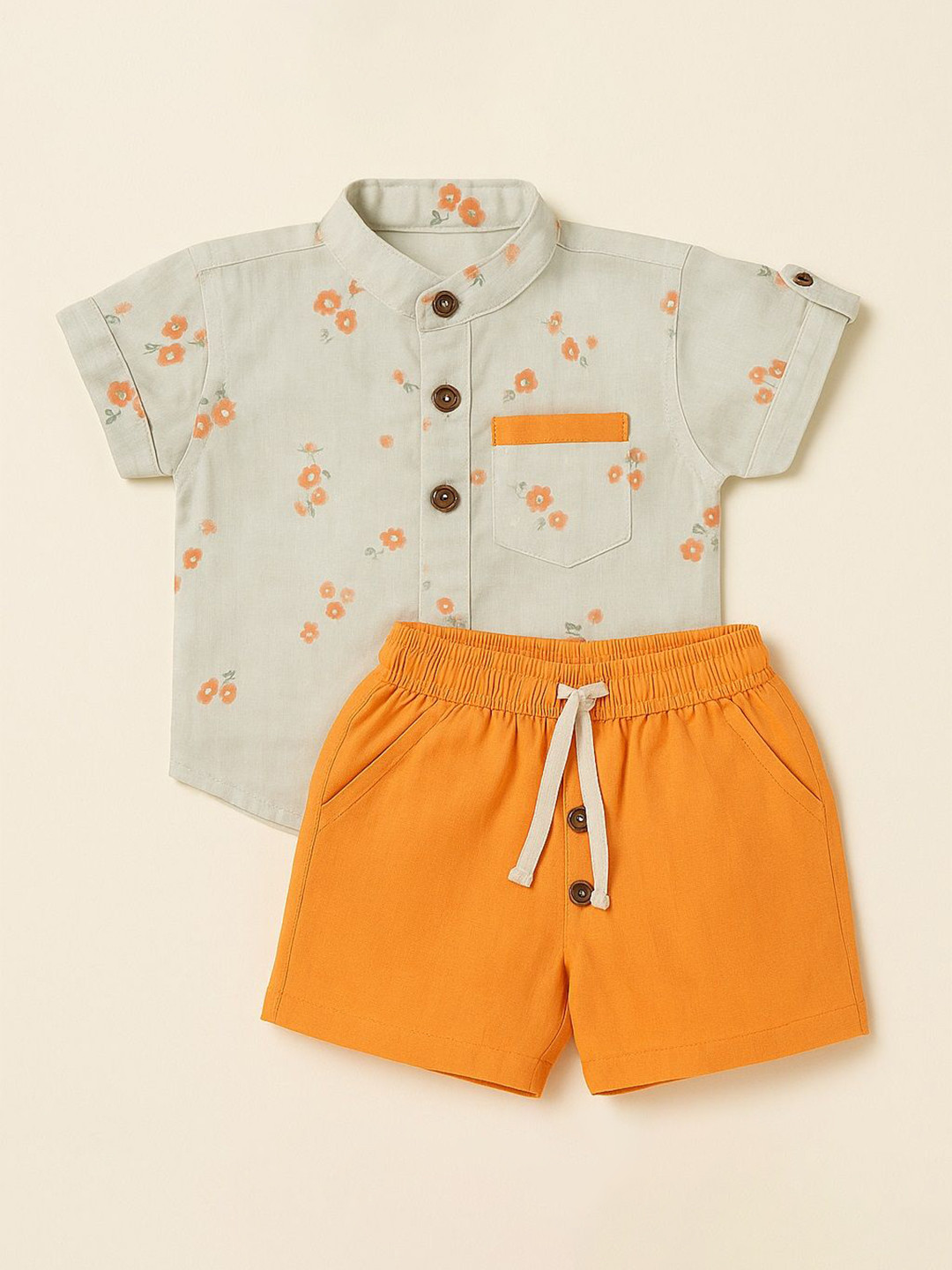 EARTHY TWEENS Kids Printed Band Collar Organic Cotton Shirt With Shorts