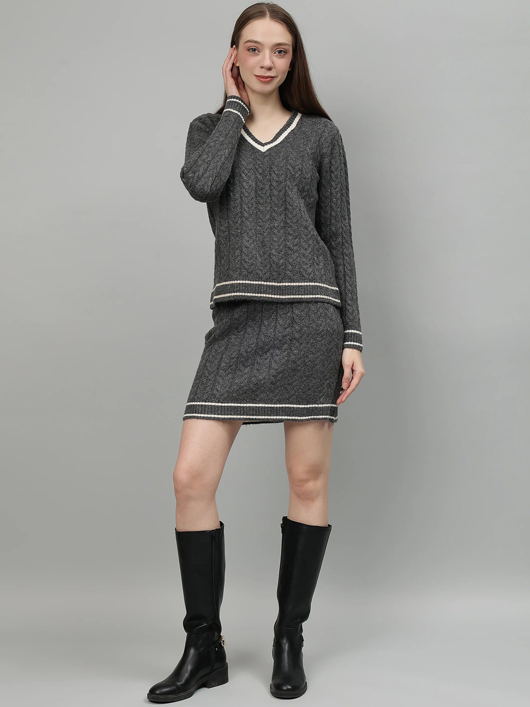 Fashion Gaiia Self Design Long Sleeves Top & Skirt Co-Ord Set