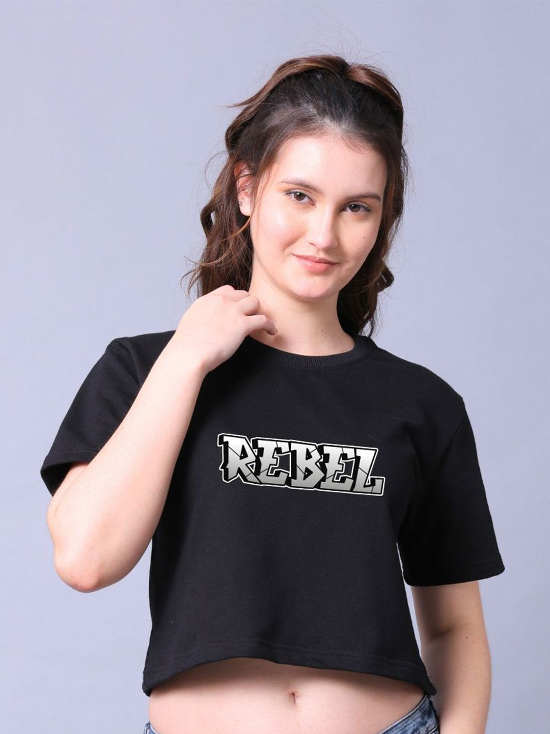 Lazy Lush Women Typographhy Printed Round Neck Cotton Crop Top