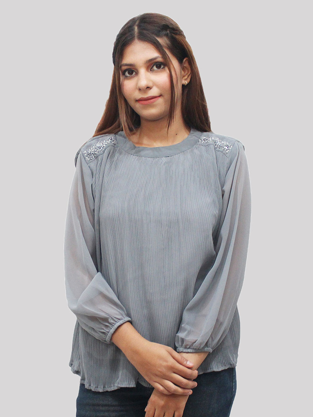 HAUTEMODA Women Self Design Accordion Pleats Puff Sleeves Studded Top