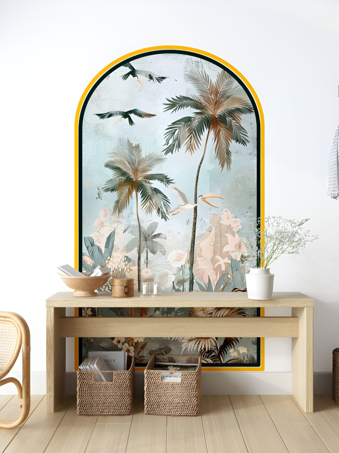 Myntra Elegant Homes Blue & Pink Tropical Palm Trees Printed Decorative Wallpaper