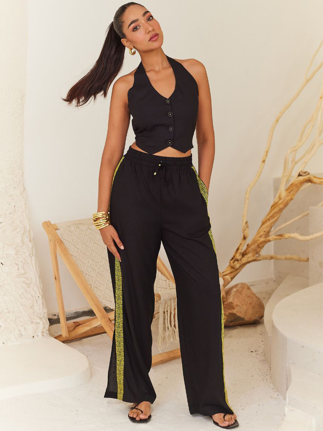 Urban Suburban Women Black Relaxed Linen Pants with Contrast Tape Detail Trousers