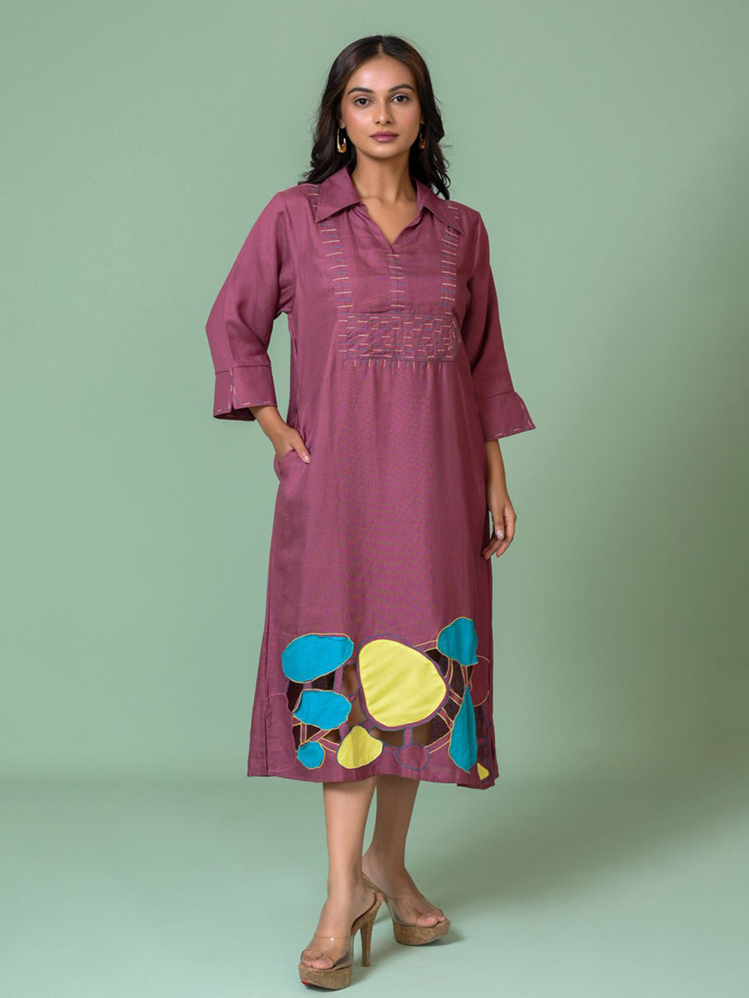 THE HOUSE OF HEMP Self Design Shirt Collar A-Line Midi Dress