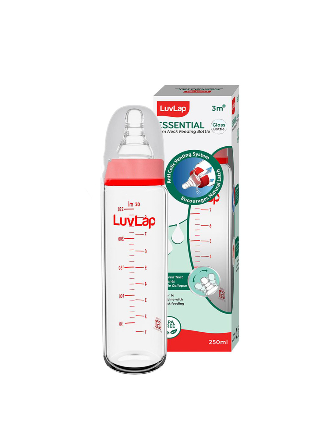 LuvLap Kids Red Slim Neck Glass Feeding Bottle 250ml