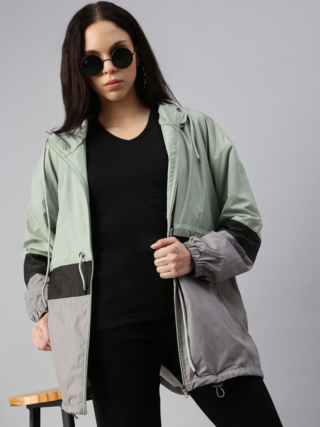 Kaali Peeli Women Dry Fit Colourblocked Hooded Windcheater Oversized Bomber jacket