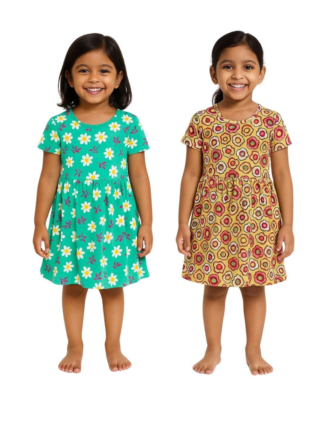 Veecap Girls Teal & Mustard Floral Printed Dresses